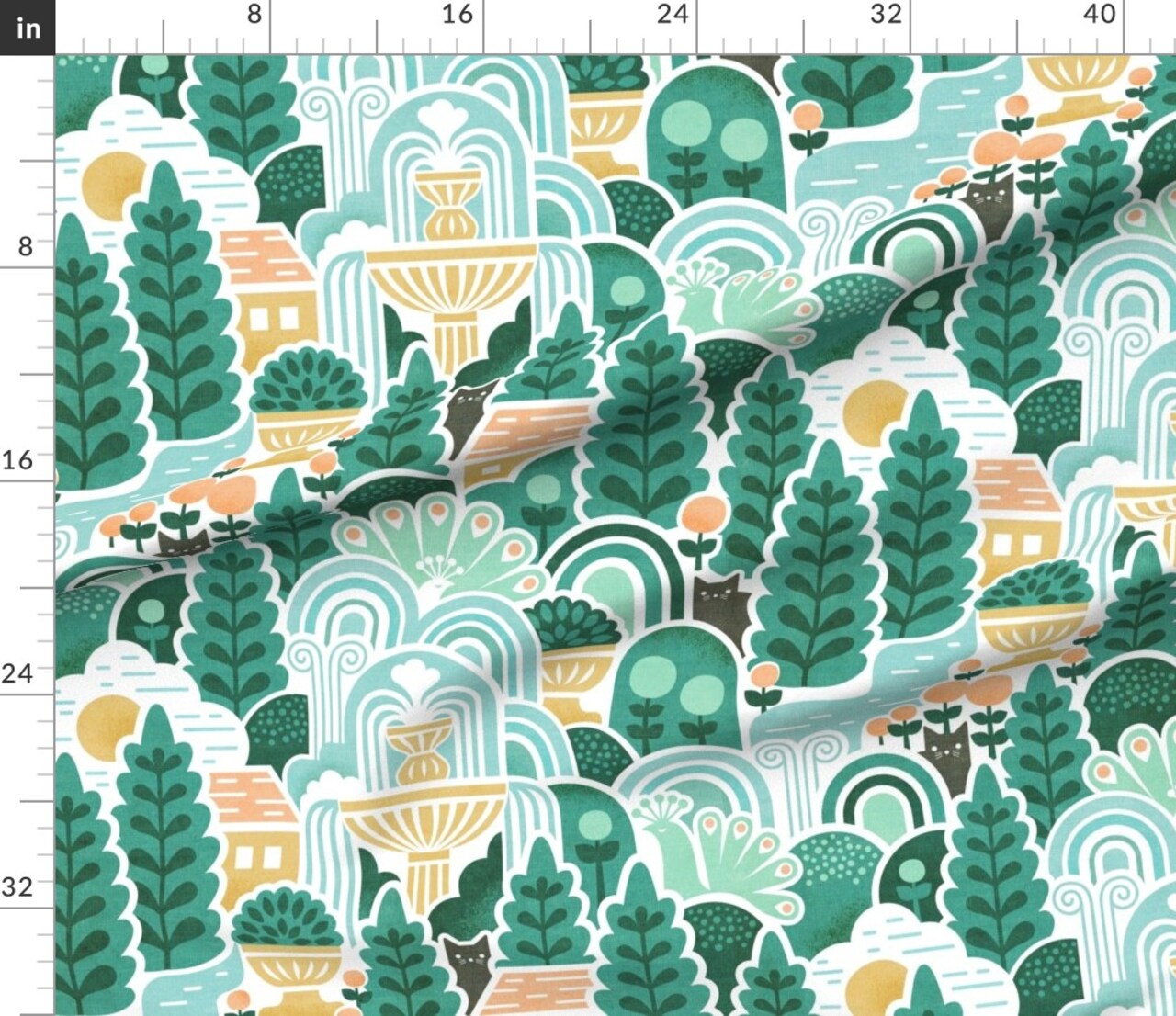 Green Landscape Nature Cats Animals Woods Tree Forest Large Scale Italian Fountain Botanical Custom Printed Fabric by Spoonflower Various Fabrics by the Yard or Fat Quarter